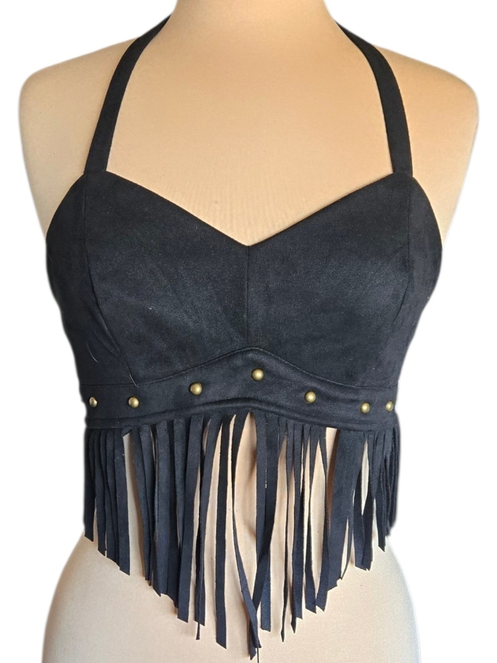 Studded Fringe Black Halter Crop Top Sz M